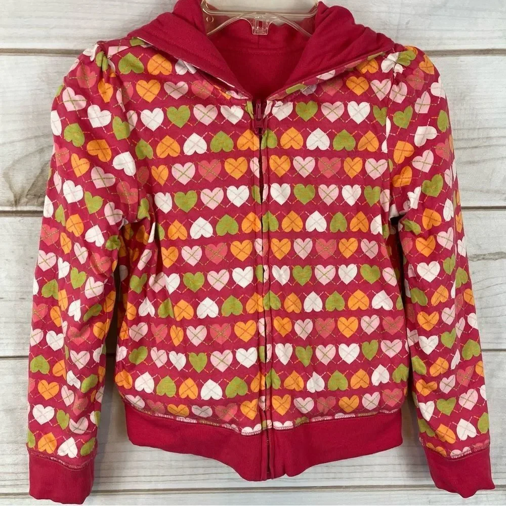 Girls Reversible Gymboree Jacket with Hood Solid & Heart Raspberry Pink 5-6
